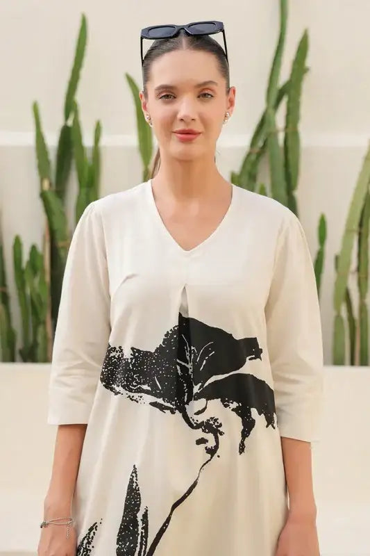 Floral Black & Beige Printed Cotton Flex Long Co-ord Set