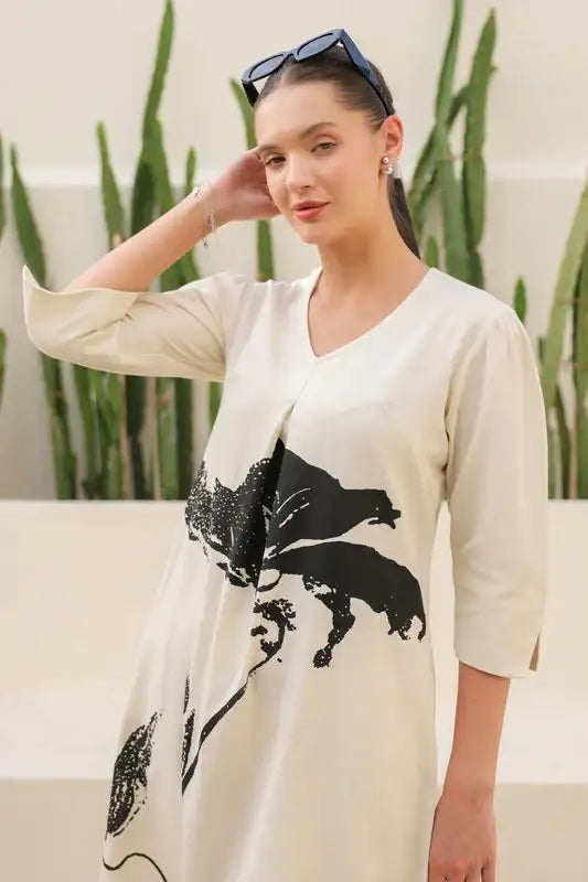 Floral Black & Beige Printed Cotton Flex Long Co-ord Set