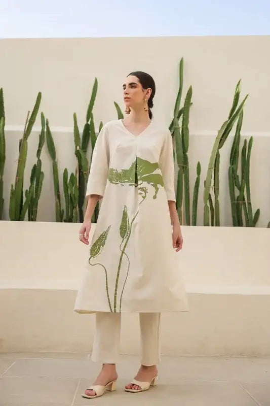 Floral Moss Olive & Off-White Printed Cotton Flex Co-ord Set