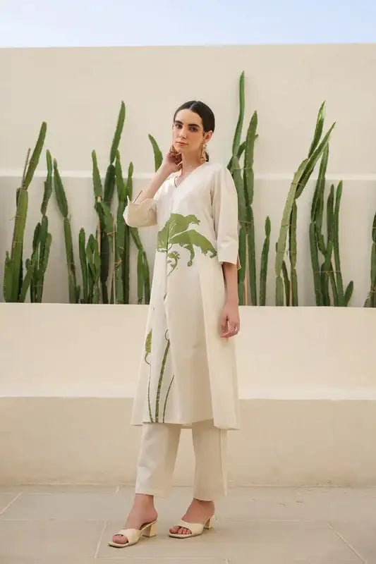 Floral Moss Olive & Off-White Printed Cotton Flex Co-ord Set