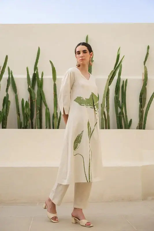 Floral Moss Olive & Off-White Printed Cotton Flex Co-ord Set