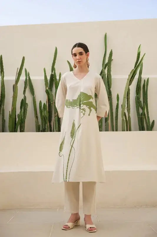 Floral Moss Olive & Off-White Printed Cotton Flex Co-ord Set