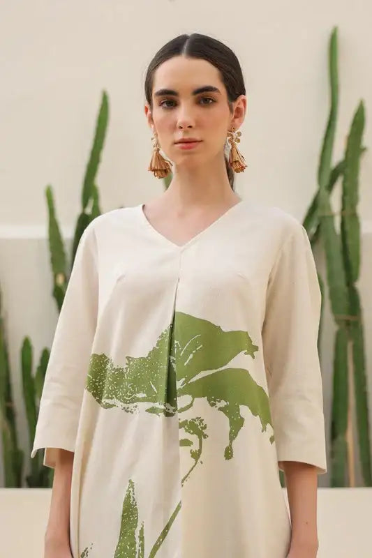 Floral Moss Olive & Off-White Printed Cotton Flex Co-ord Set