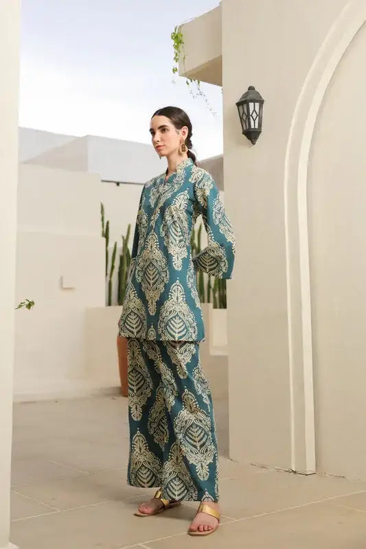 Teal Blossom Cotton Co-ord Set