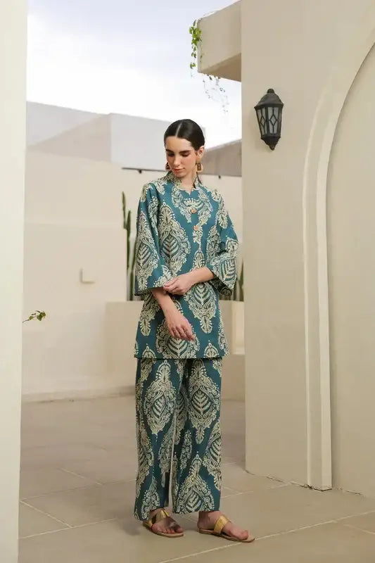 Teal Blossom Cotton Co-ord Set