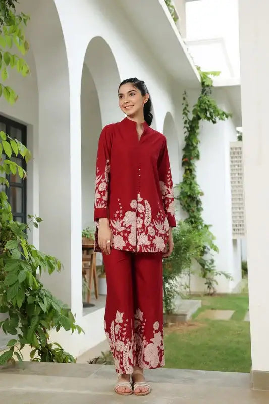 Forest Enchanment Maroon Printed Cotton Co-ord Set