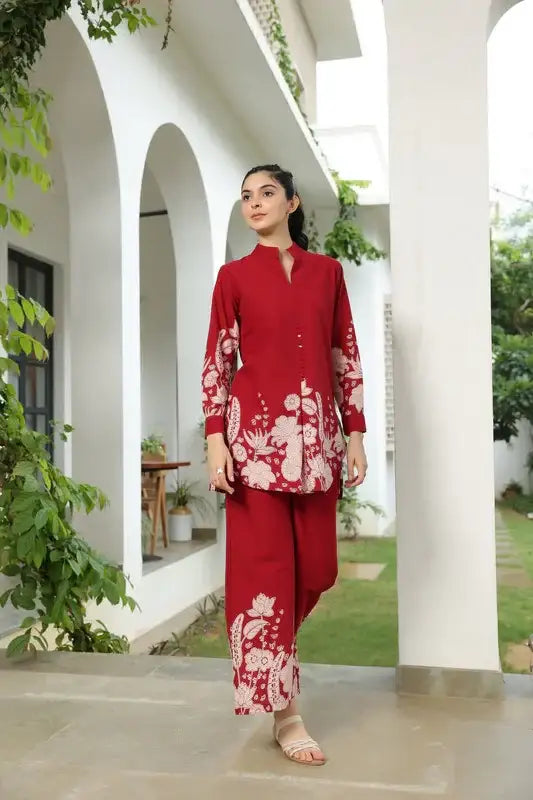 Forest Enchanment Maroon Printed Cotton Co-ord Set