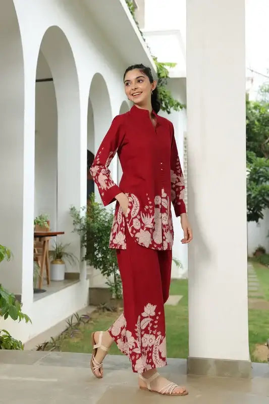 Forest Enchanment Maroon Printed Cotton Co-ord Set