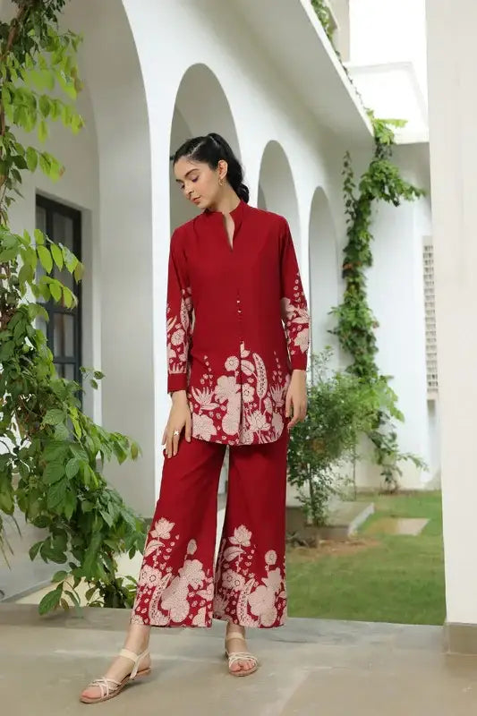 Forest Enchanment Maroon Printed Cotton Co-ord Set