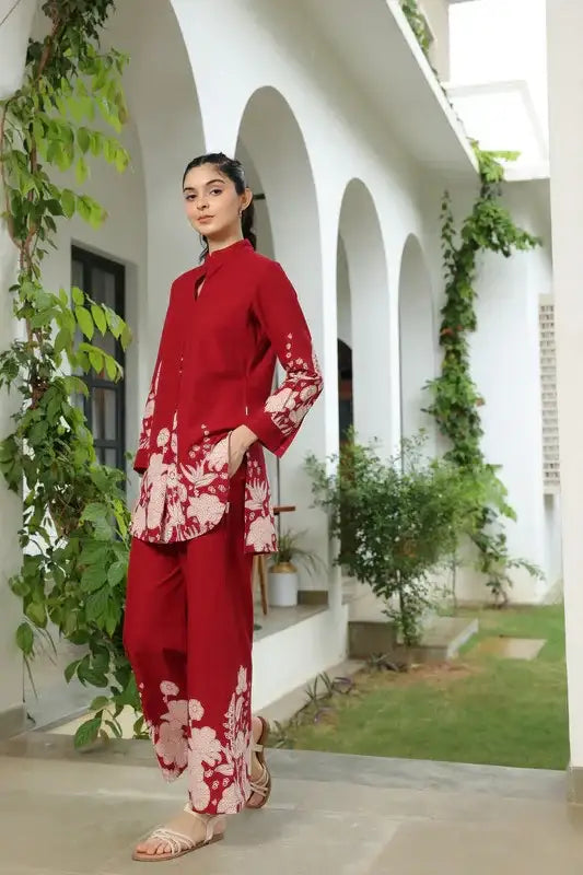 Forest Enchanment Maroon Printed Cotton Co-ord Set