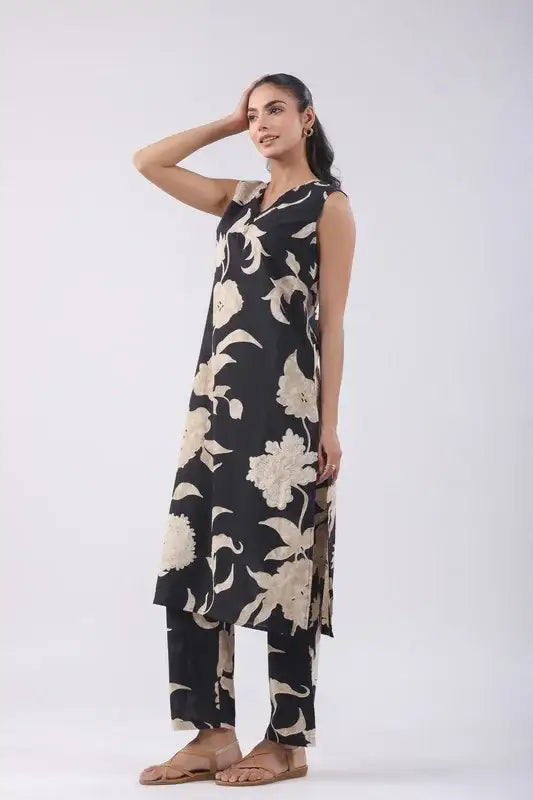 Coal Black Floral Cotton Co-ord Set