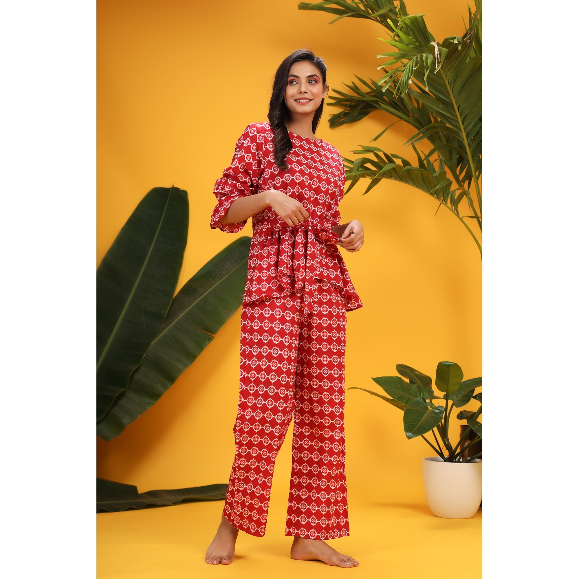 White Glitched Mandala on Red Cotton Co-ord Set