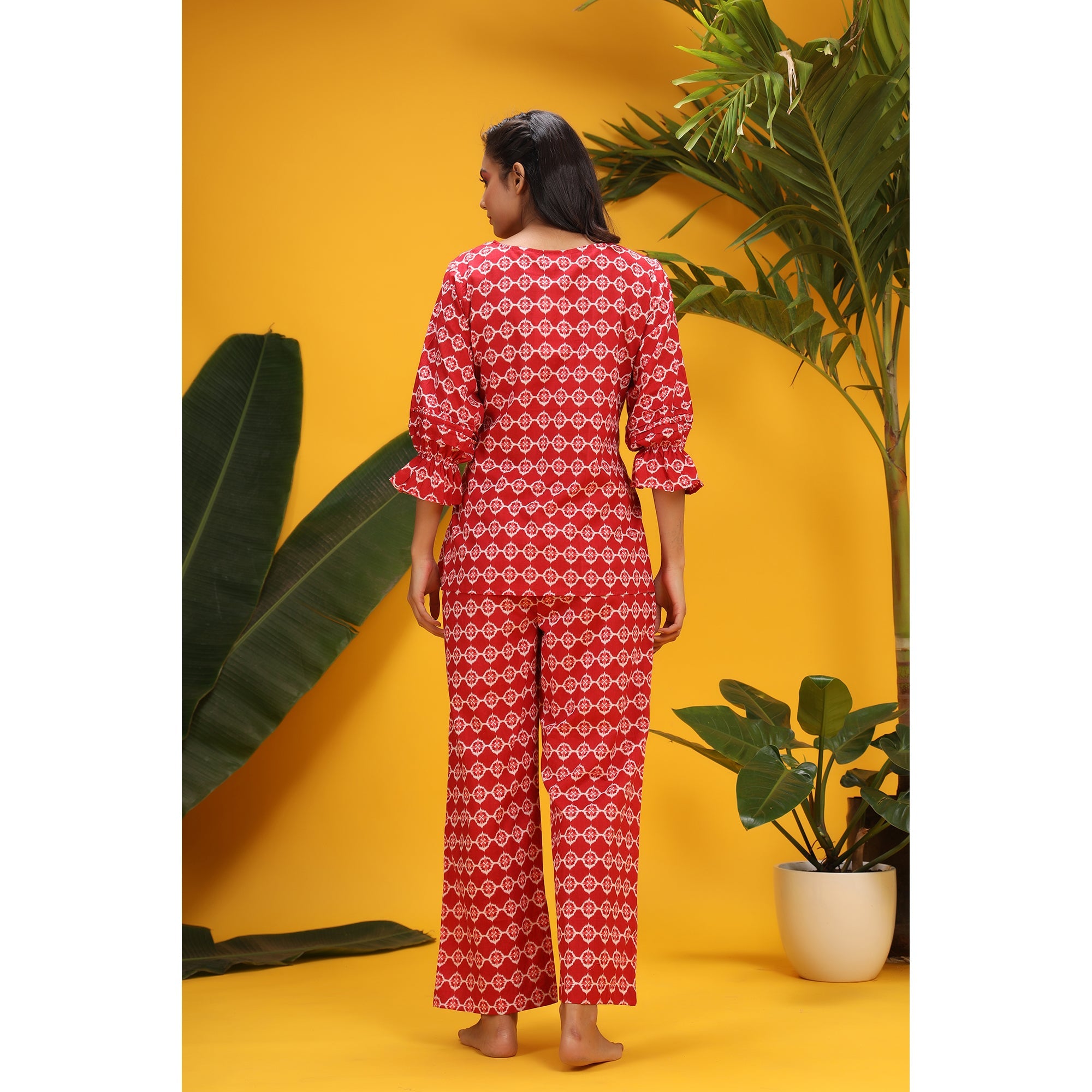 White Glitched Mandala on Red Cotton Co-ord Set