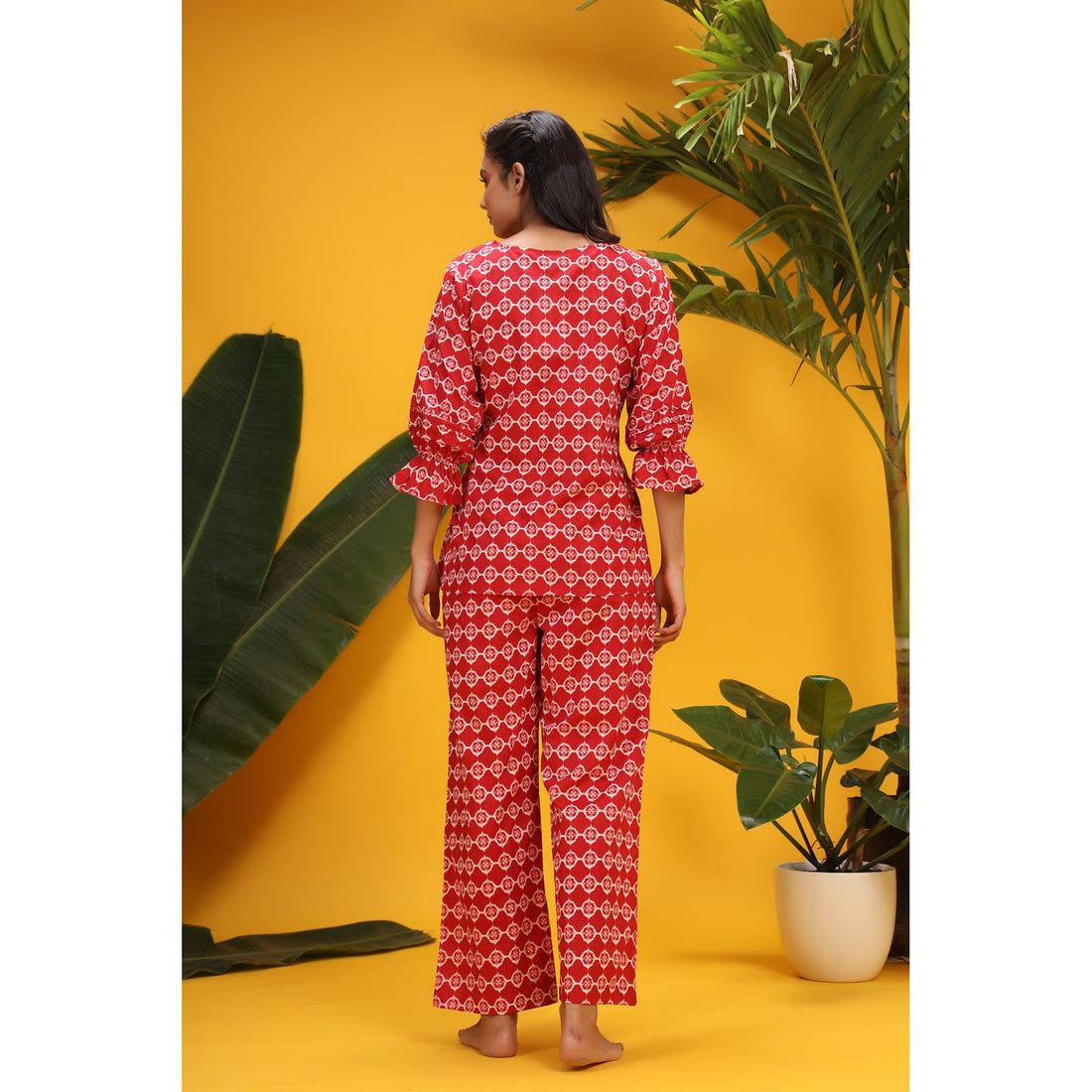 White Glitched Mandala on Red Cotton Co-ord Set