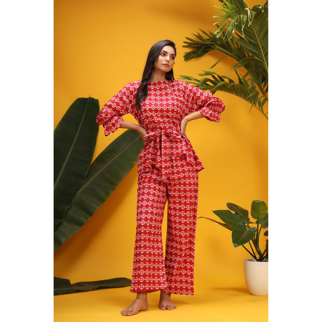 White Glitched Mandala on Red Cotton Co-ord Set