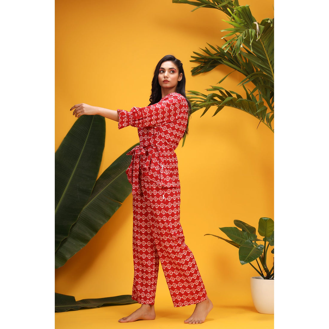 White Glitched Mandala on Red Cotton Co-ord Set