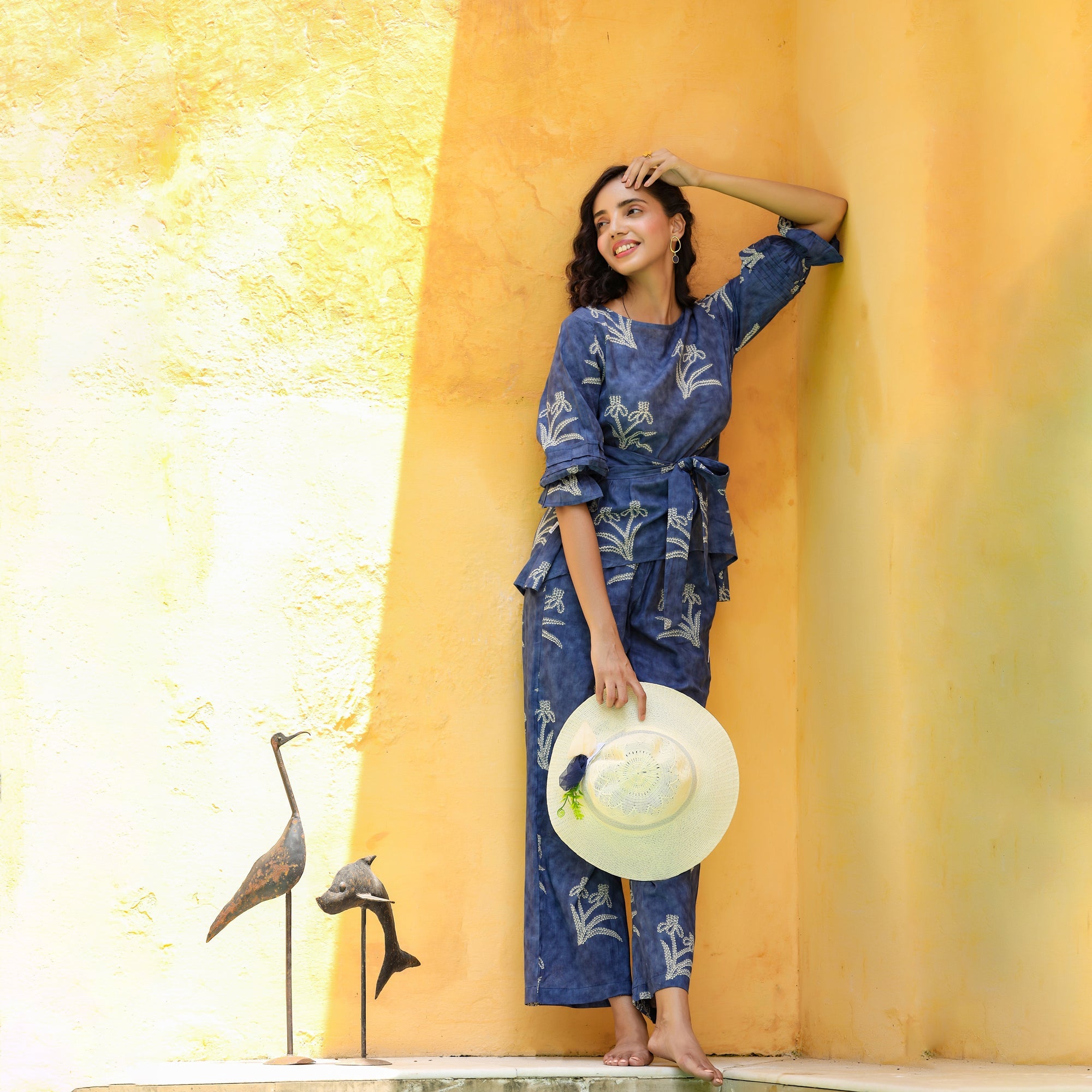 Floweret on Front Knot Blue Cotton Co-ord Set