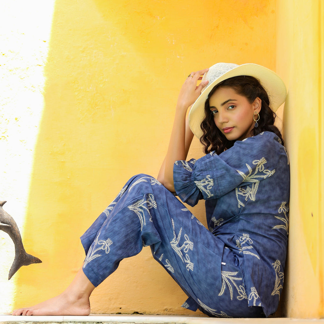 Floweret on Front Knot Blue Cotton Co-ord Set