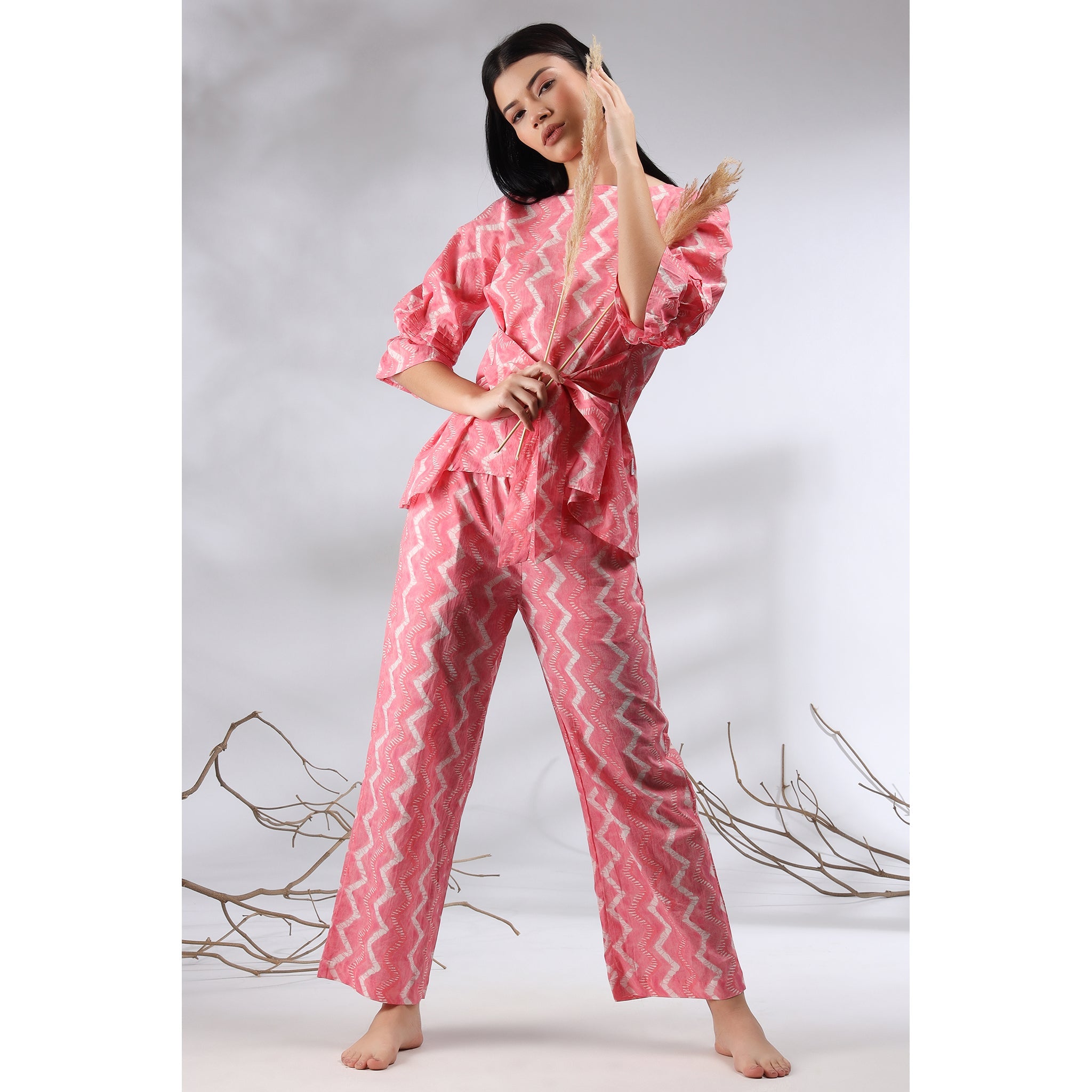 Glitched Stripes with Front Knot Top on Pink Cotton Co-ord Set