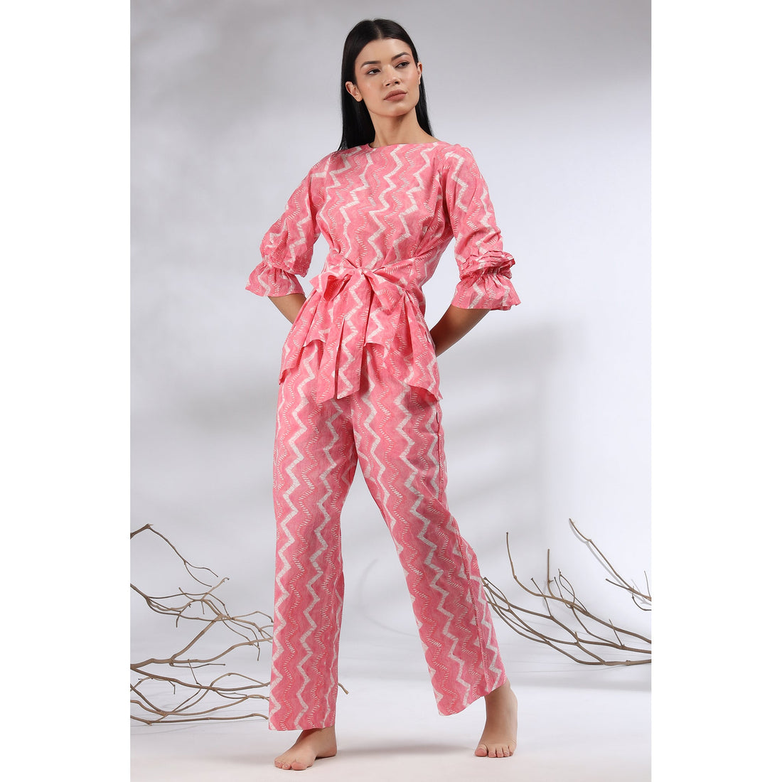 Glitched Stripes with Front Knot Top on Pink Cotton Co-ord Set