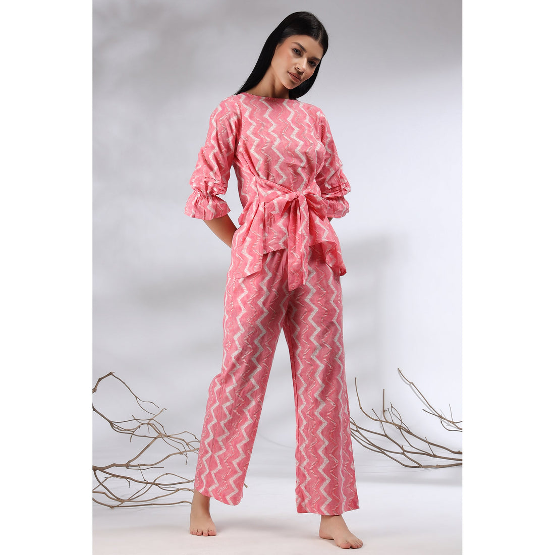 Glitched Stripes with Front Knot Top on Pink Cotton Co-ord Set