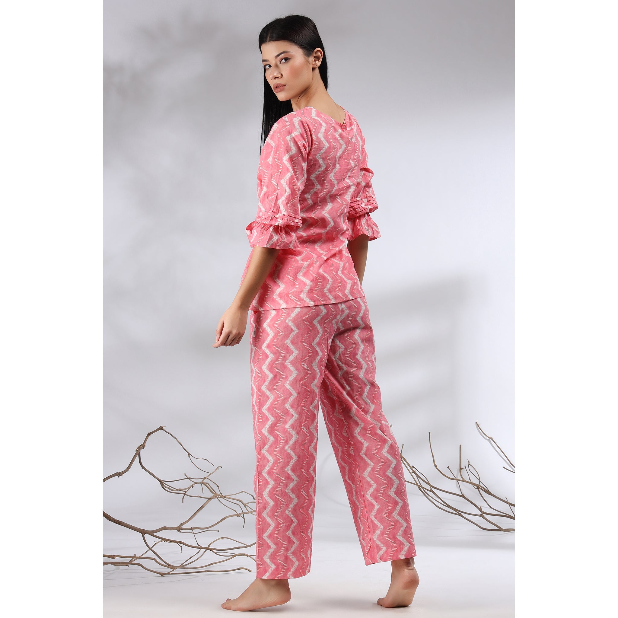 Glitched Stripes with Front Knot Top on Pink Cotton Co-ord Set