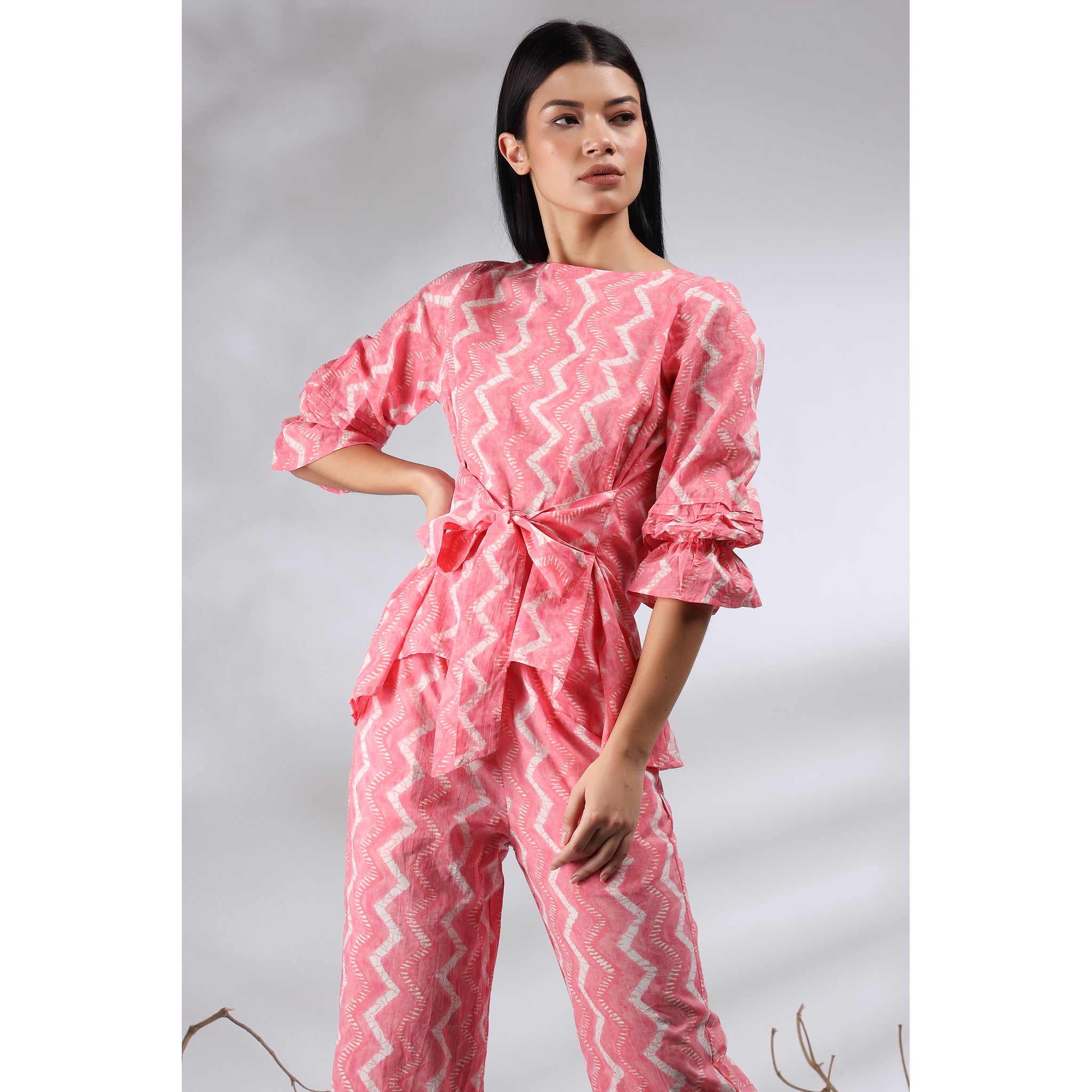 Glitched Stripes with Front Knot Top on Pink Cotton Co-ord Set