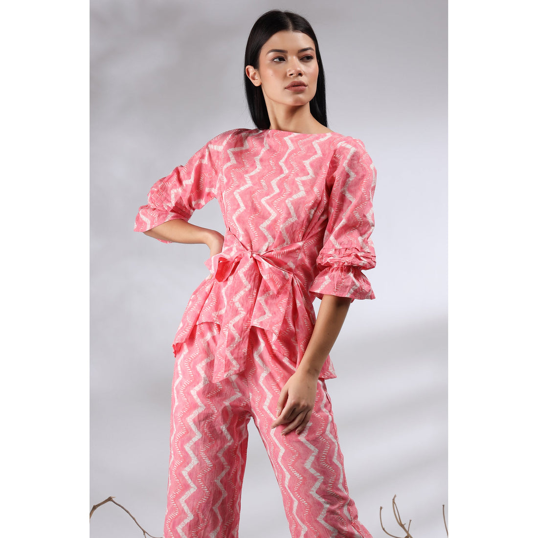 Glitched Stripes with Front Knot Top on Pink Cotton Co-ord Set