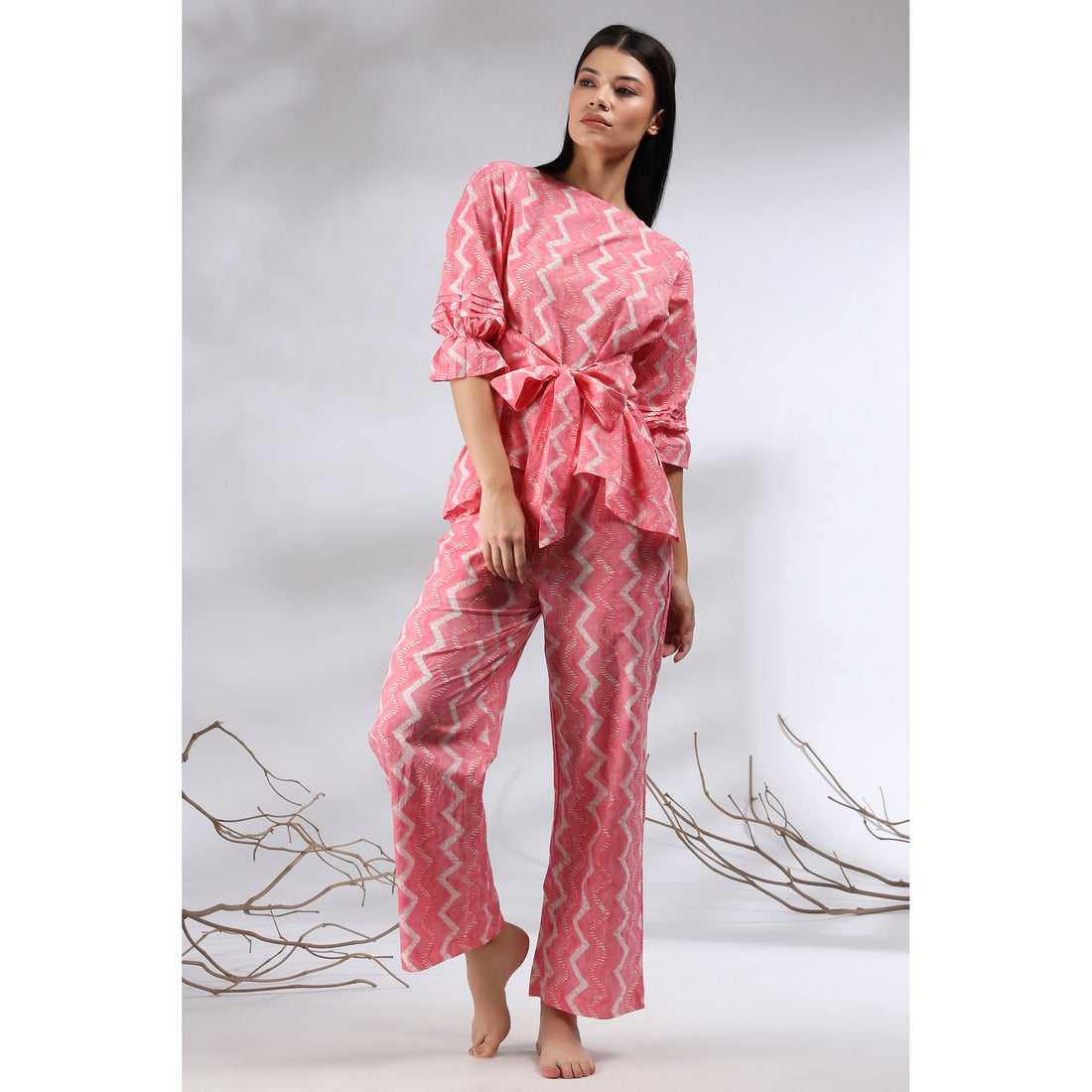 Glitched Stripes with Front Knot Top on Pink Cotton Co-ord Set