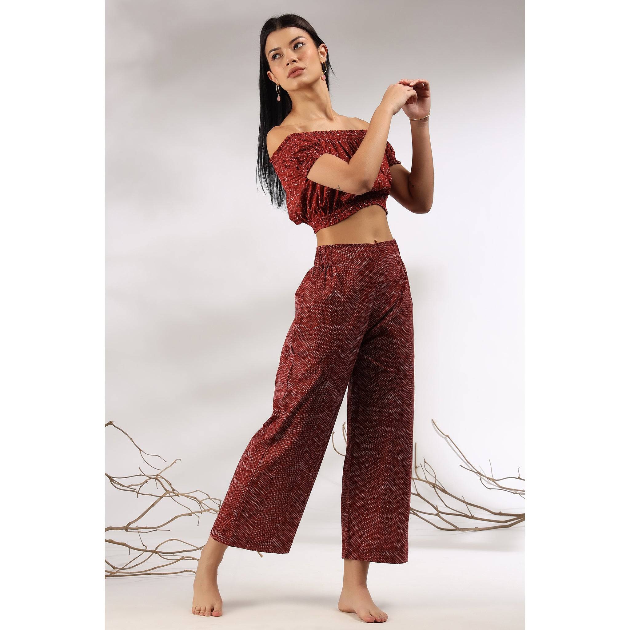 Abstract on Maroon Off-Shoulder Cotton Co-ord Set