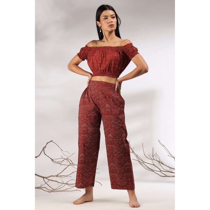 Abstract on Maroon Off-Shoulder Cotton Co-ord Set