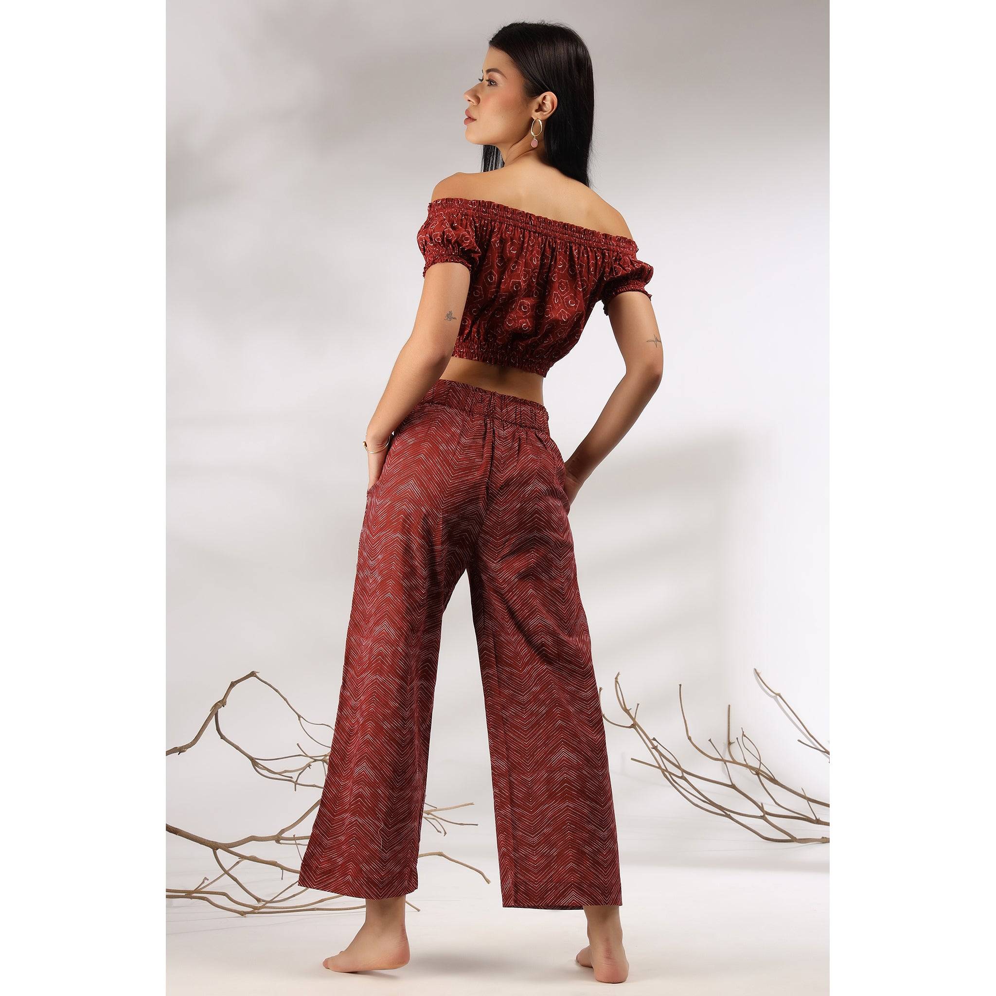 Abstract on Maroon Off-Shoulder Cotton Co-ord Set