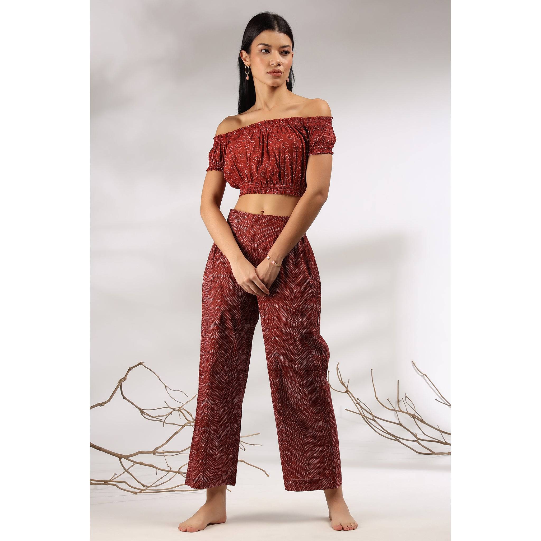 Abstract on Maroon Off-Shoulder Cotton Co-ord Set