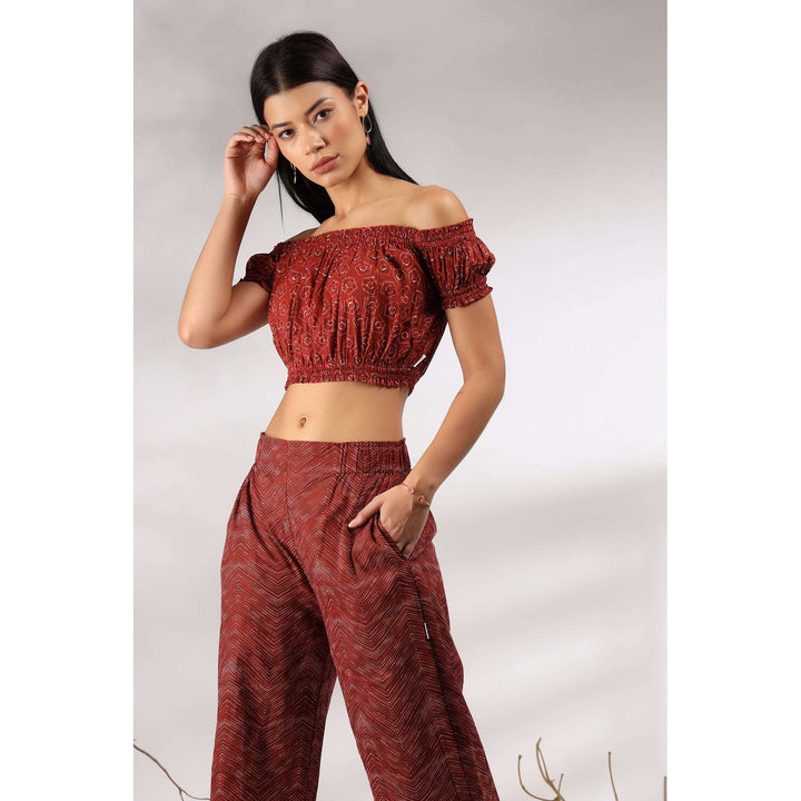 Abstract on Maroon Off-Shoulder Cotton Co-ord Set