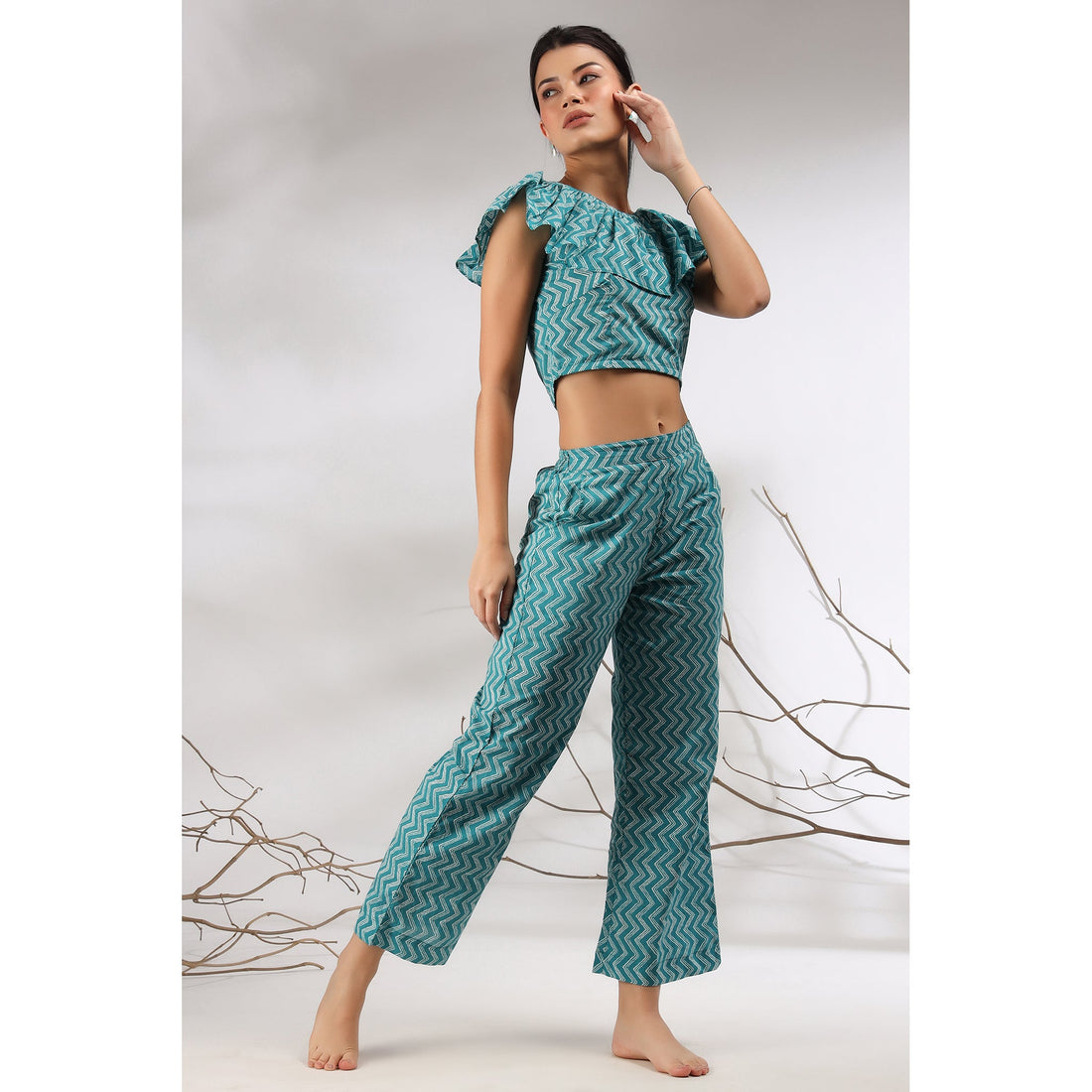 Glitched Stripes on Blue Cotton Co-ord Set