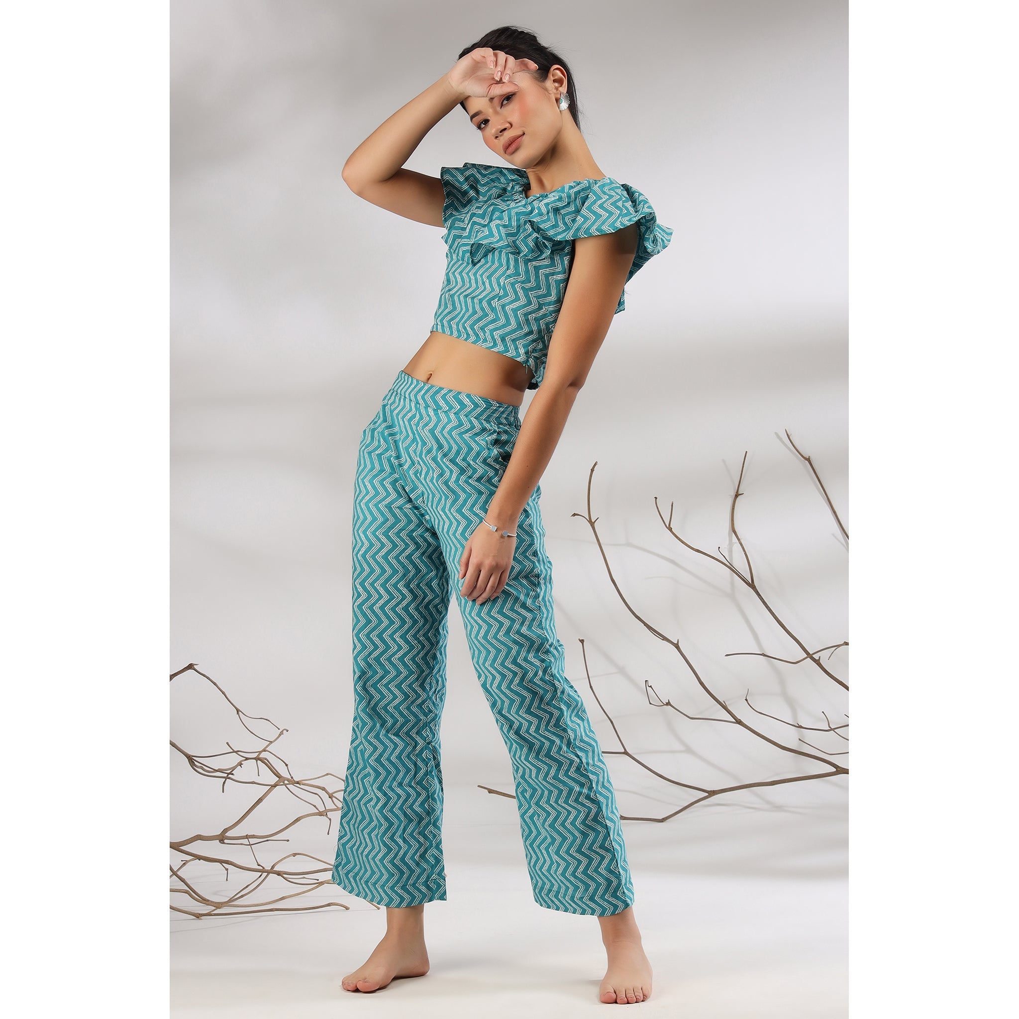 Glitched Stripes on Blue Cotton Co-ord Set