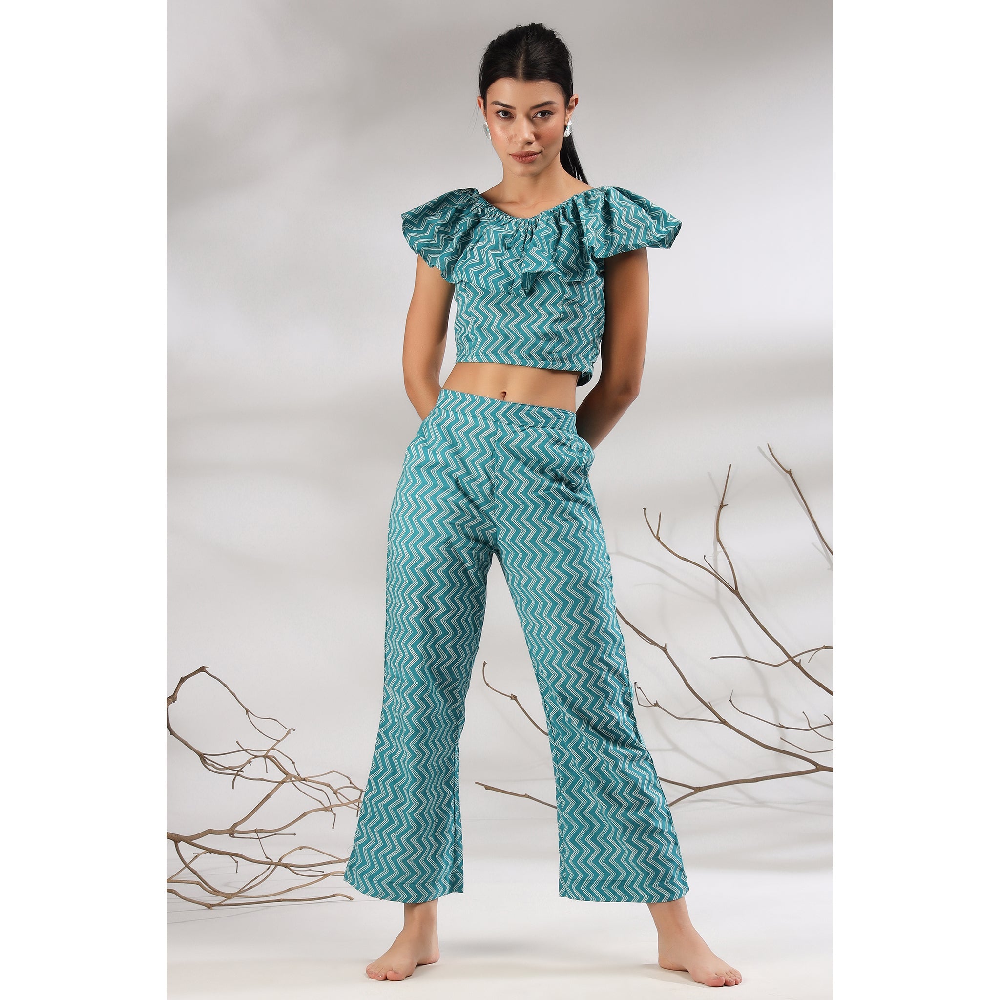 Glitched Stripes on Blue Cotton Co-ord Set