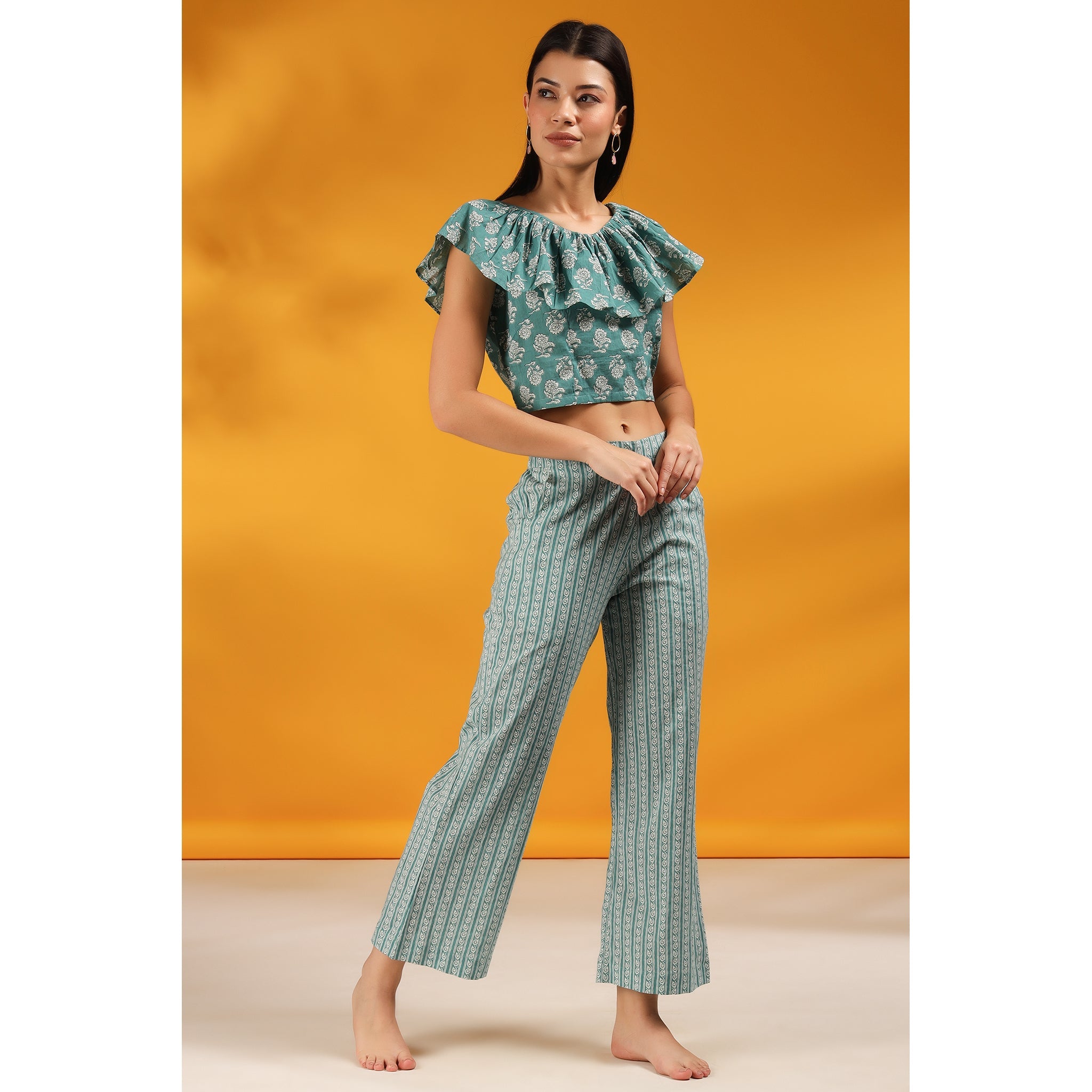 Roses with Stripes on Teal Cotton Co-ord Set