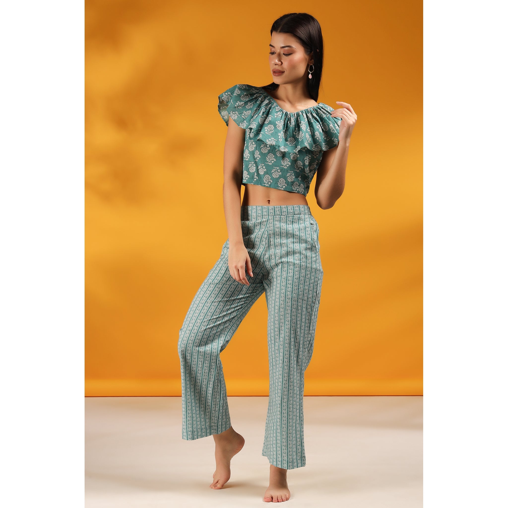 Roses with Stripes on Teal Cotton Co-ord Set