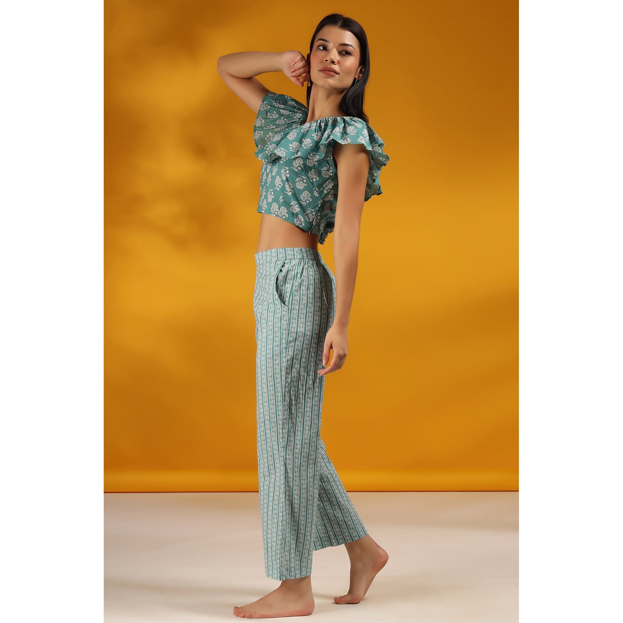 Roses with Stripes on Teal Cotton Co-ord Set