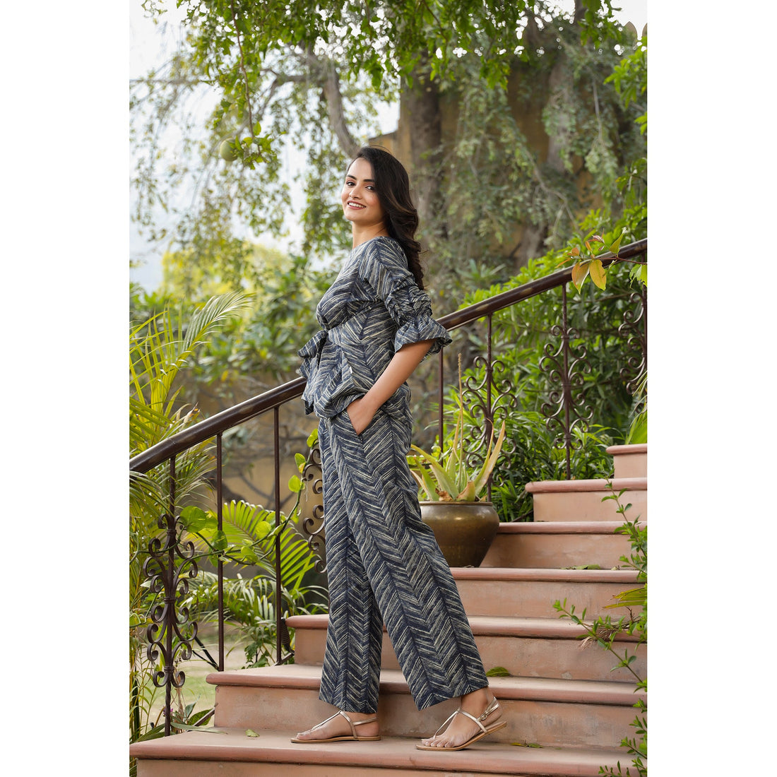 Patterned Shibori front knot on Blue Cotton Co-ord Set