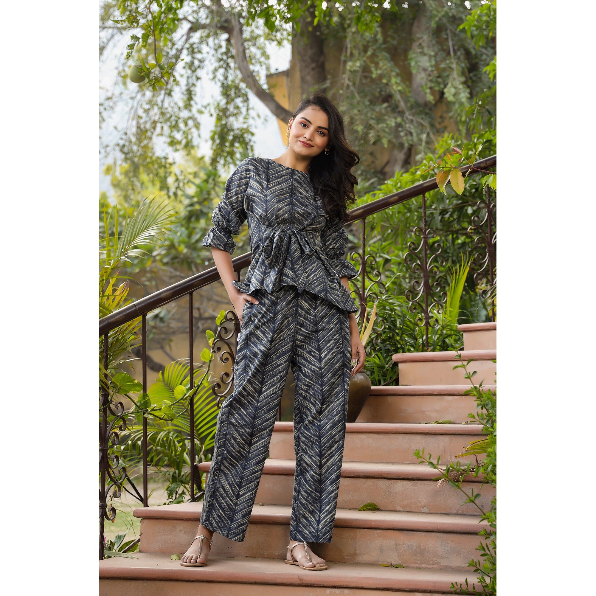 Patterned Shibori front knot on Blue Cotton Co-ord Set