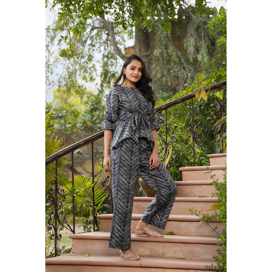 Patterned Shibori front knot on Blue Cotton Co-ord Set