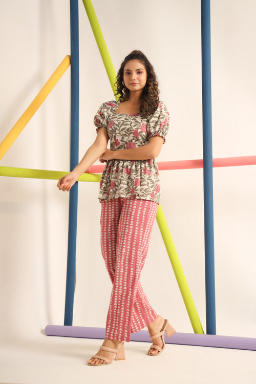 Carnation with Abstract Pink Cotton Co-ord set