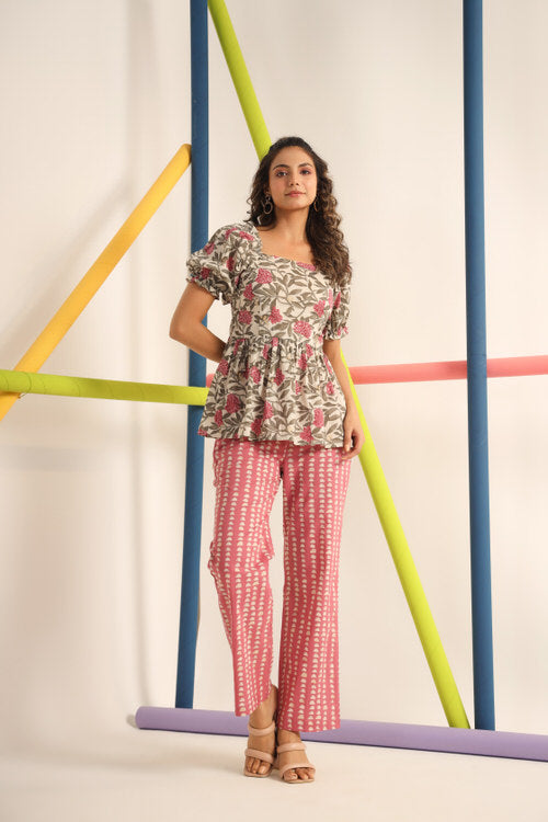 Carnation with Abstract Pink Cotton Co-ord set