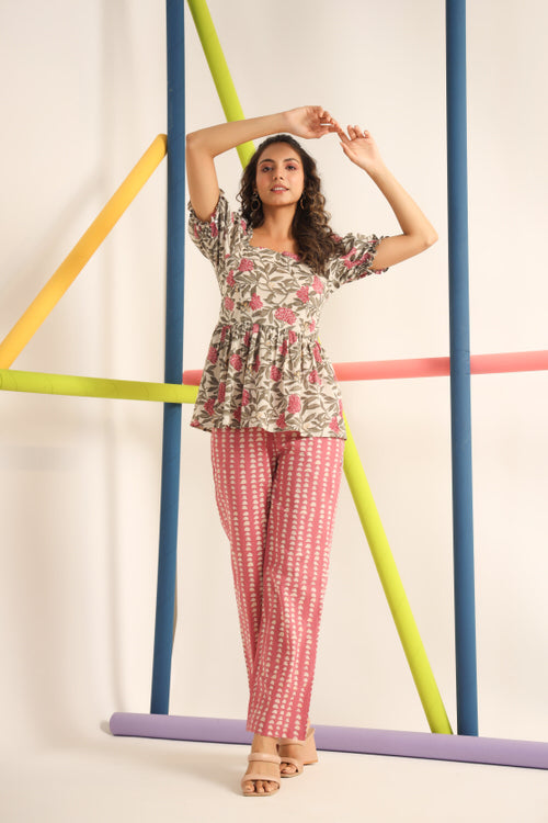 Carnation with Abstract Pink Cotton Co-ord set