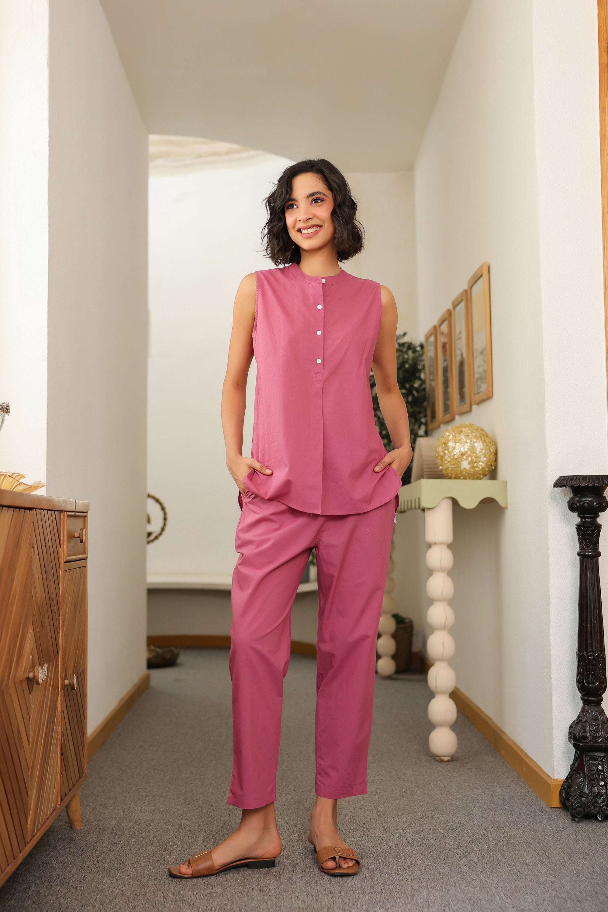 Rosé Haze Sleeveless Cotton Co-ord Set