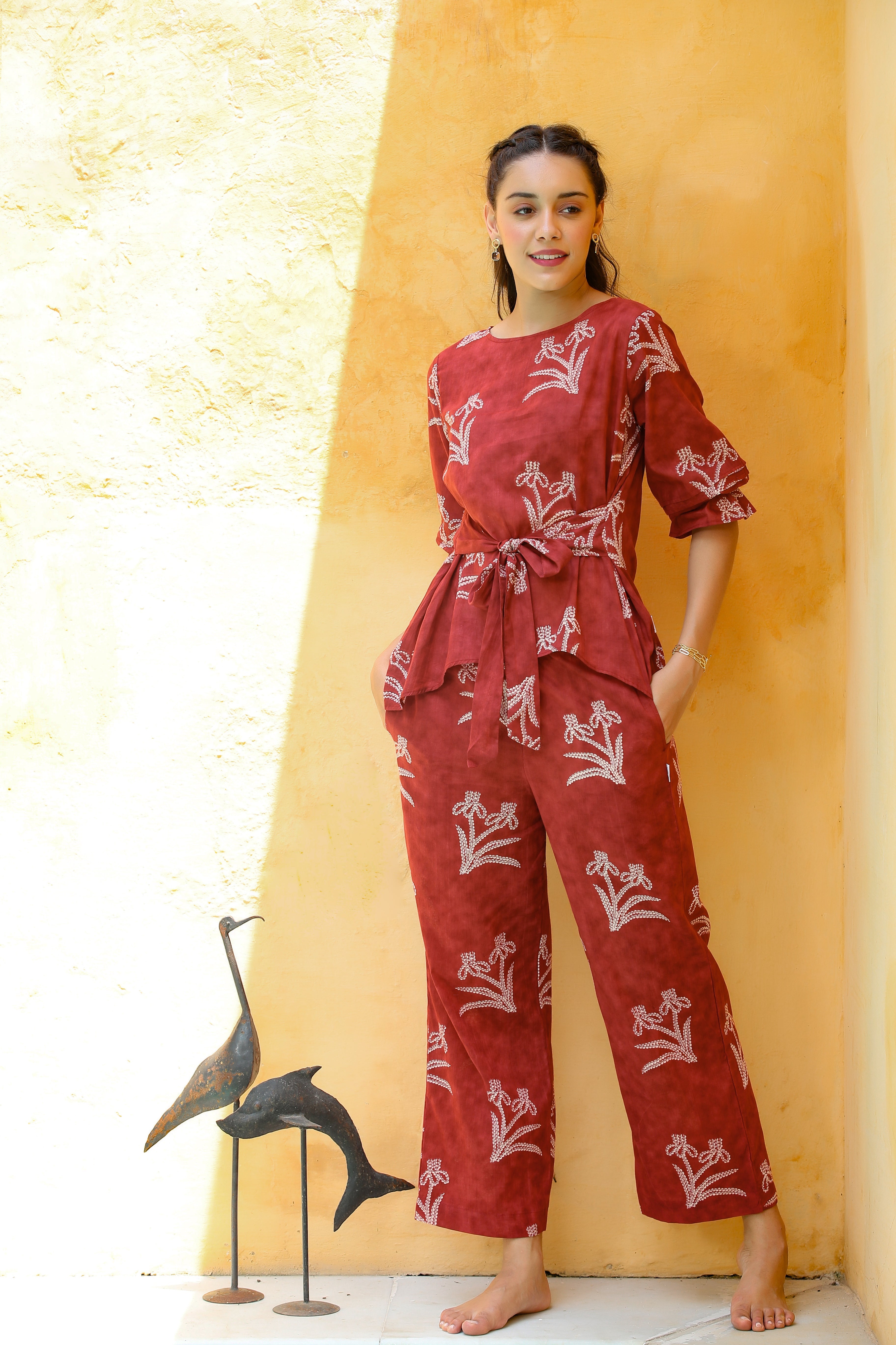 Shibori with Front Knot on Maroon Cotton Co-ord Set