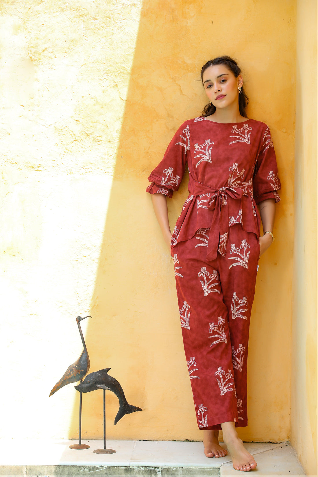 Shibori with Front Knot on Maroon Cotton Co-ord Set