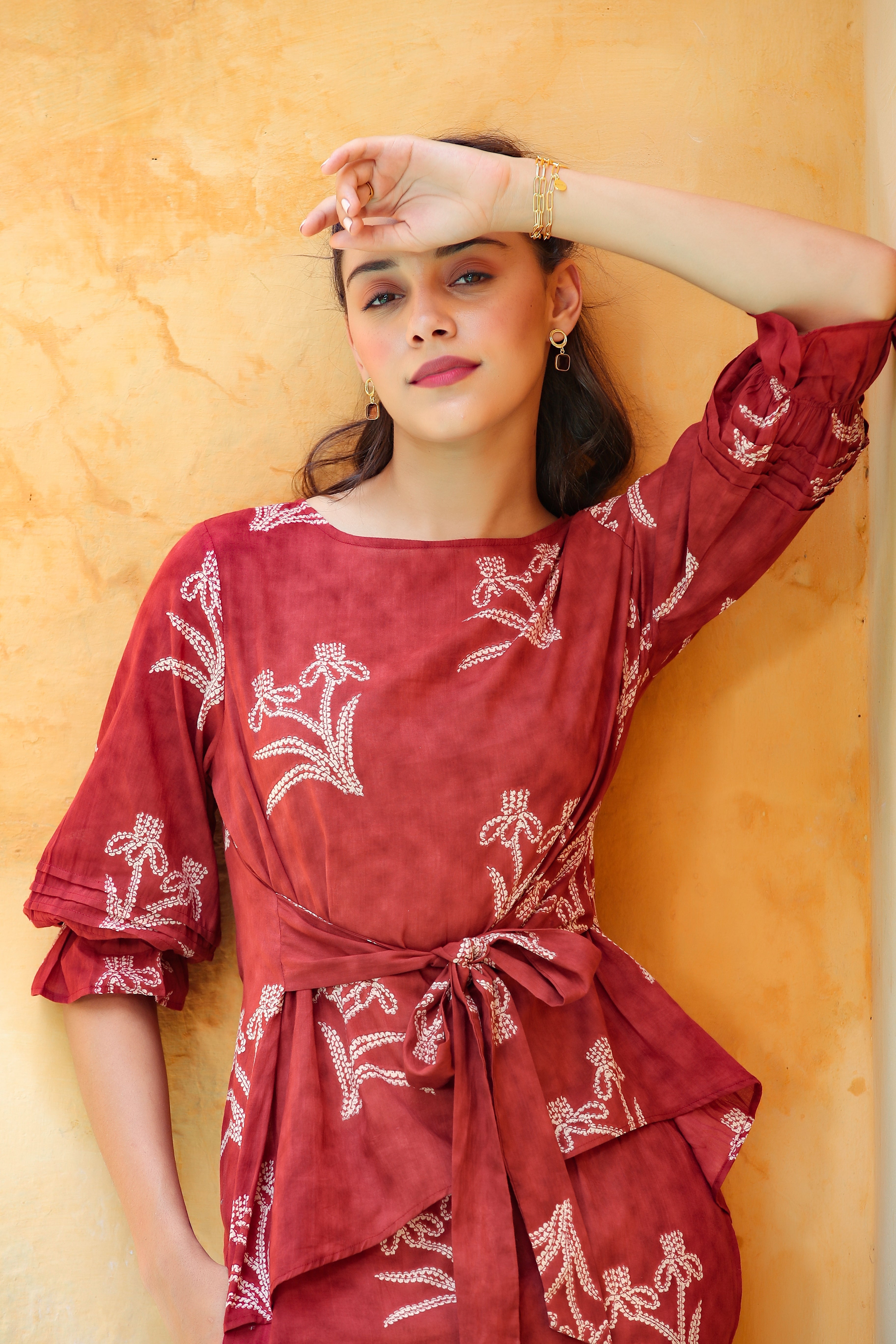 Shibori with Front Knot on Maroon Cotton Co-ord Set